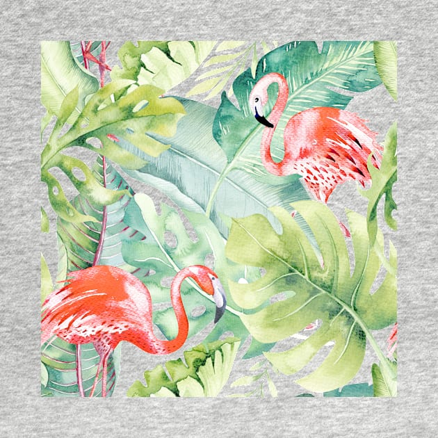 Pink Flamingos Sage Green Tropical Foliage by PixDezines